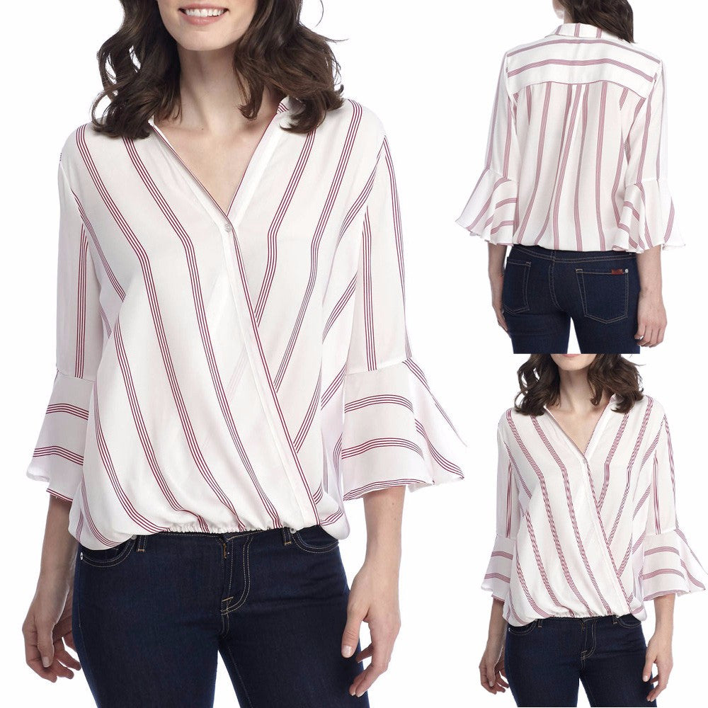 Womens Sexy Ladies Casual Striped Shirt Three Quarter Sleeve Top Tank Blouse - Big Sword